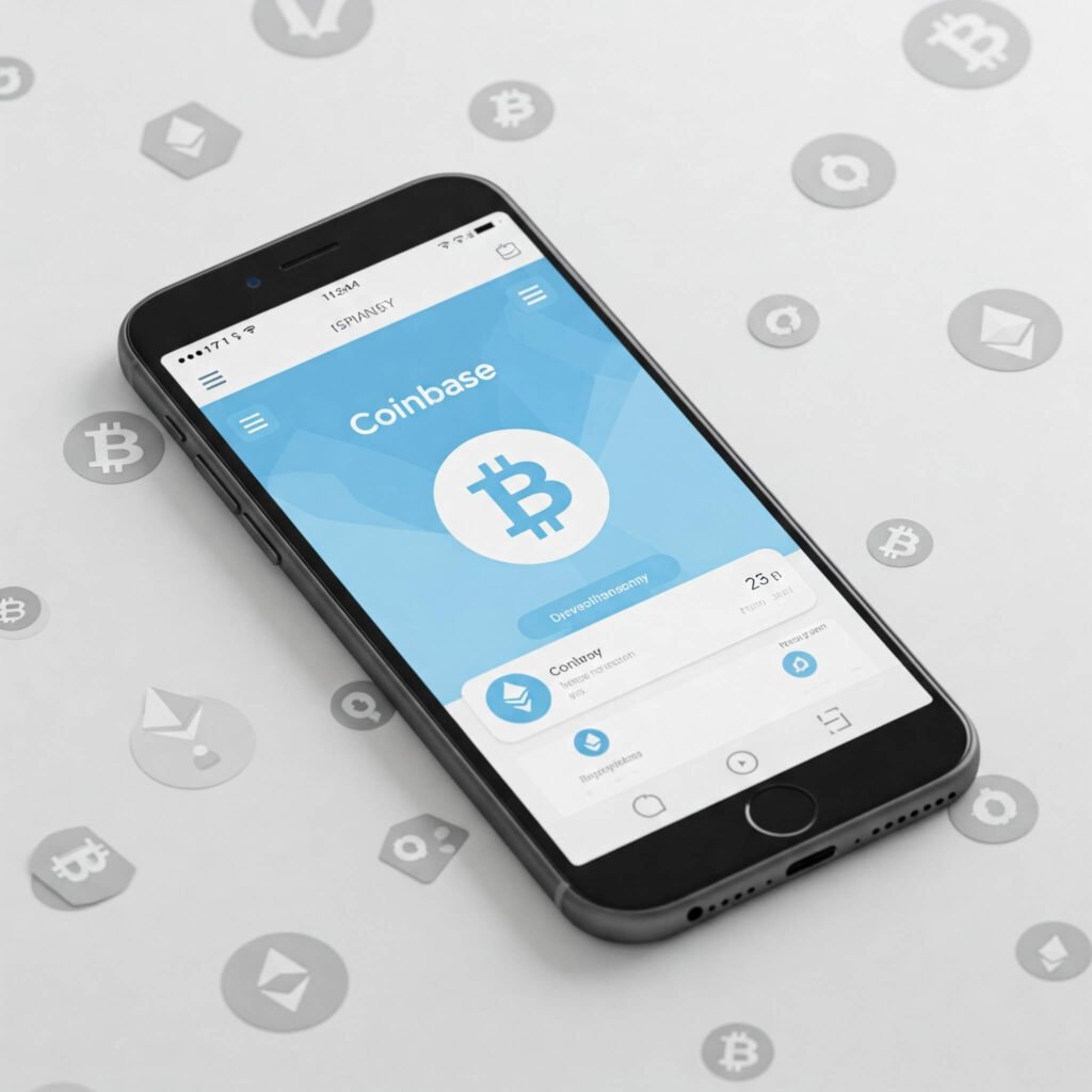 Coinbase app on smartphone with crypto background.