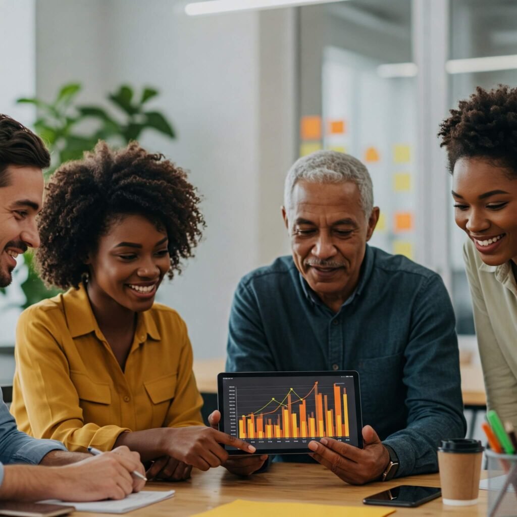 Diverse team reviews financial data.