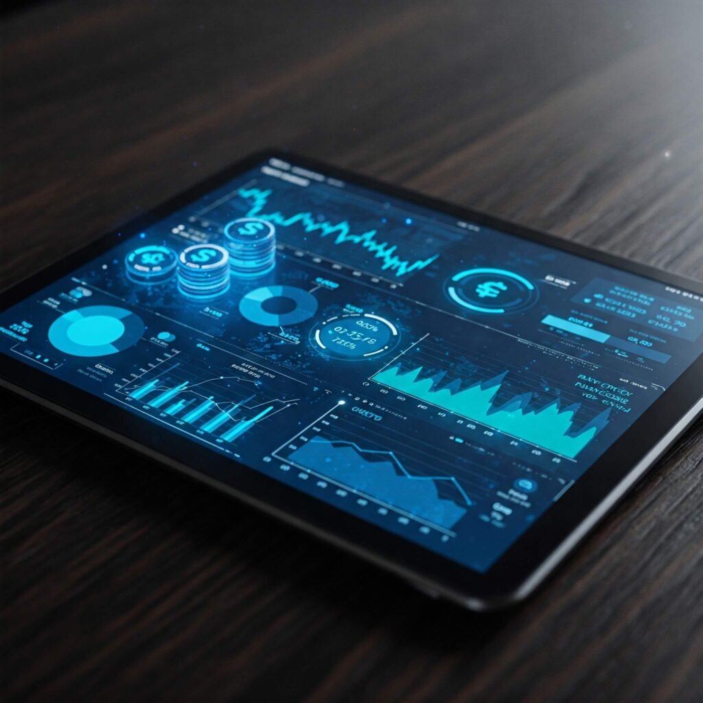 Futuristic financial dashboard on tablet