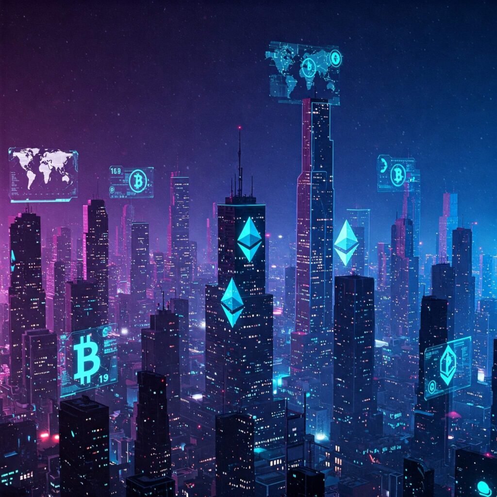 Crypto logos in future city.