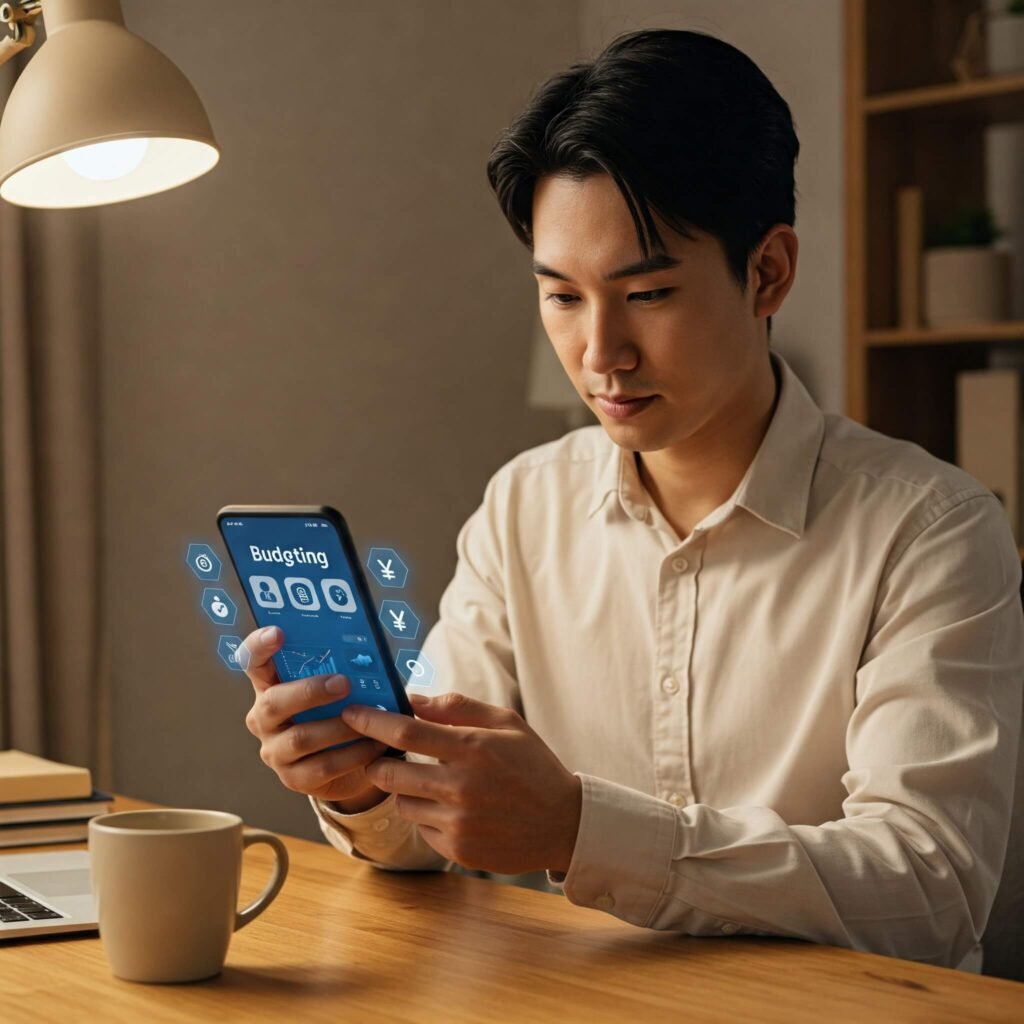 "Young professional using budgeting app on phone."