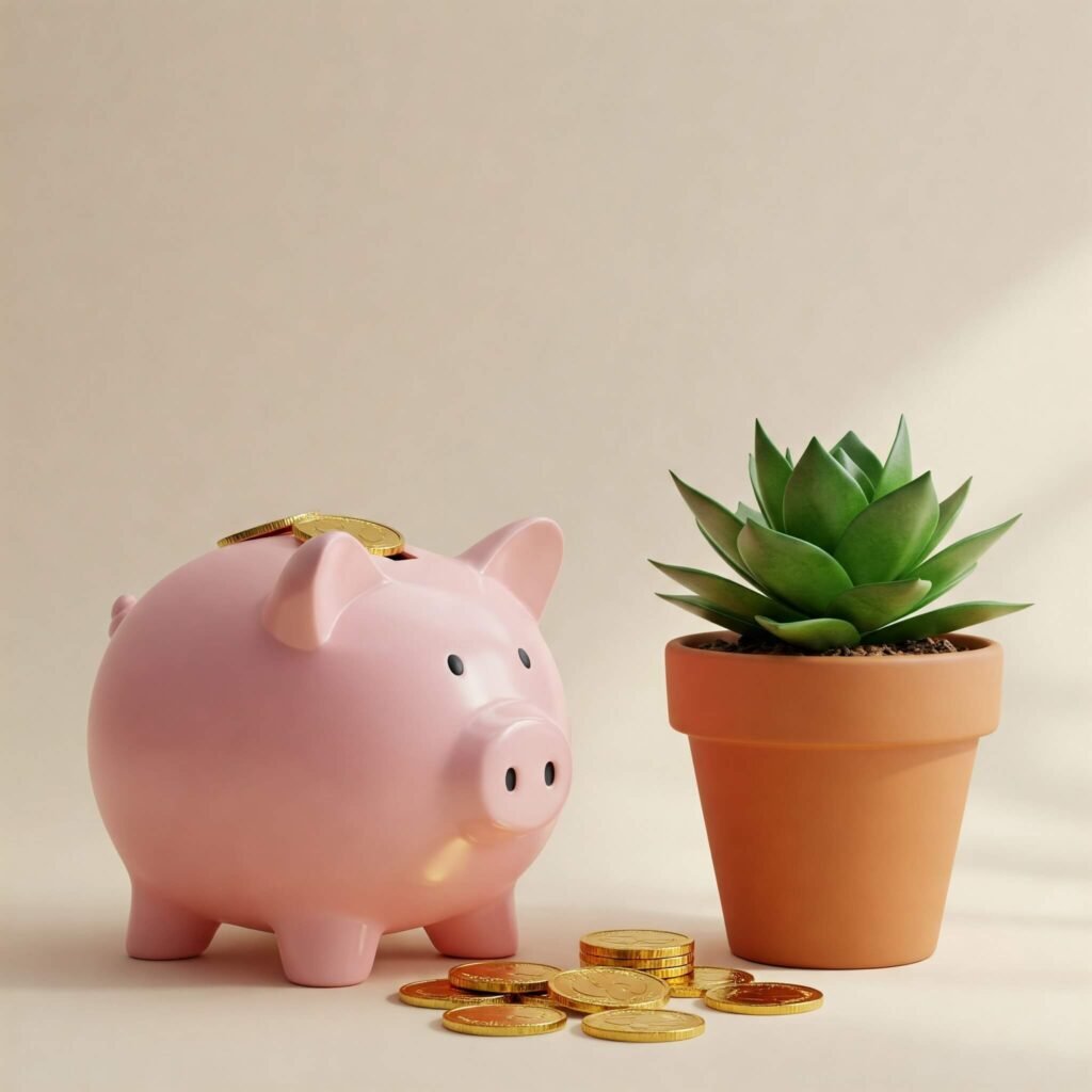 Piggy Bank with Coins and Growing Plant