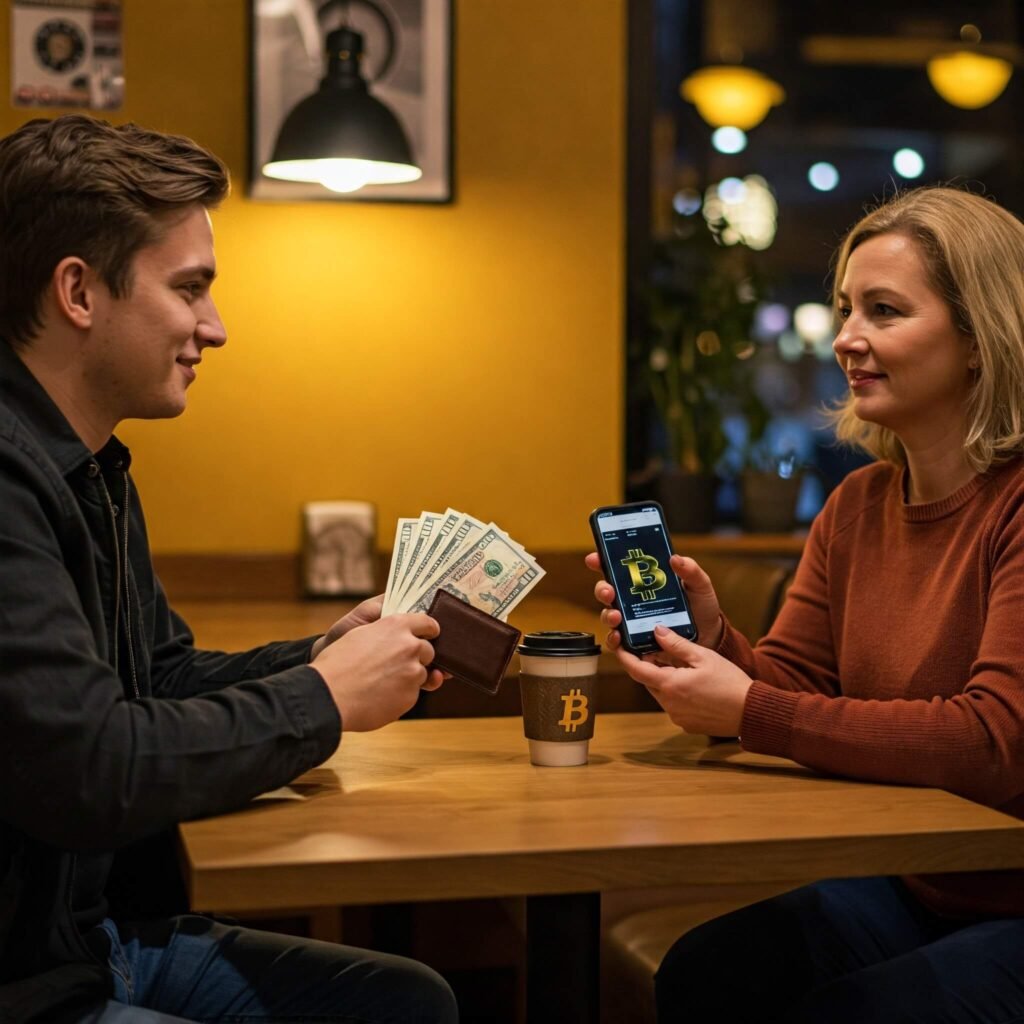 Bitcoin exchange in a cafe.